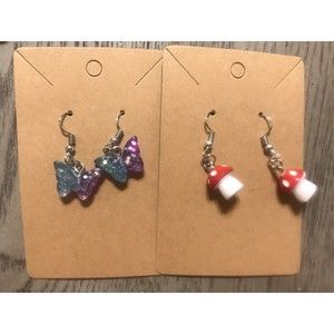 Set Of 2 Pairs Silver Earrings USA HANDMADE Resin Glitter Butterfly Blue Purple